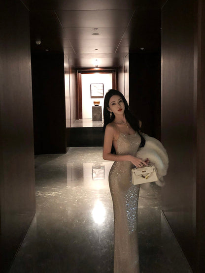 Rhinestone-embellished Slip Dress _ Party Night Maxi Dress