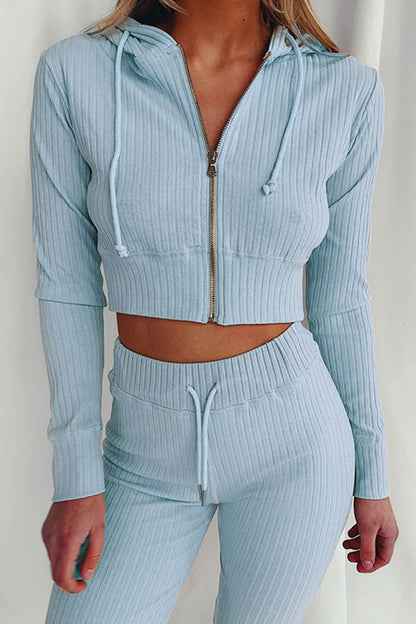 Ribbed Knit Hoodie Long Pants Suits