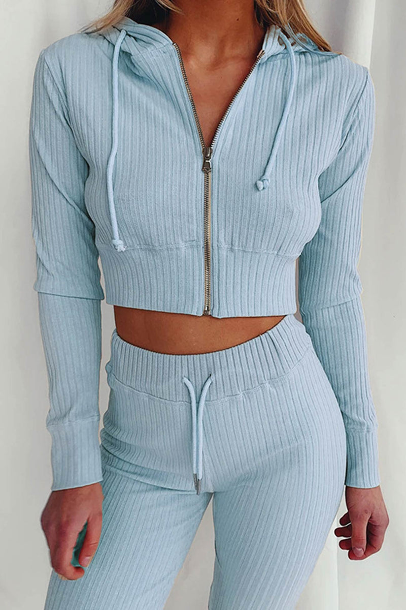 Ribbed Knit Hoodie Long Pants Suits