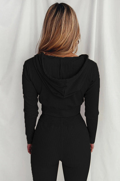 Ribbed Knit Hoodie Long Pants Suits