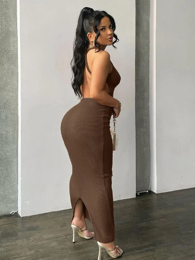 Spring Backless Evening Birthday Brown Long Midi Dresses
