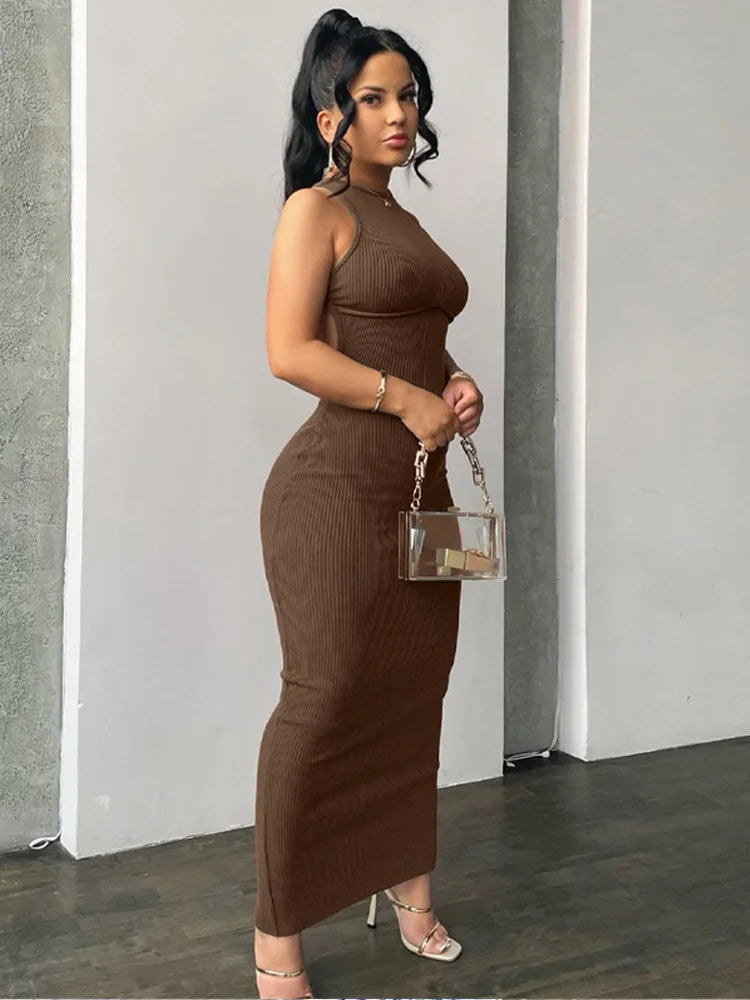 Ribbed Hollow Backless Sleeveless Slit Mini Y2k Midi Dresses