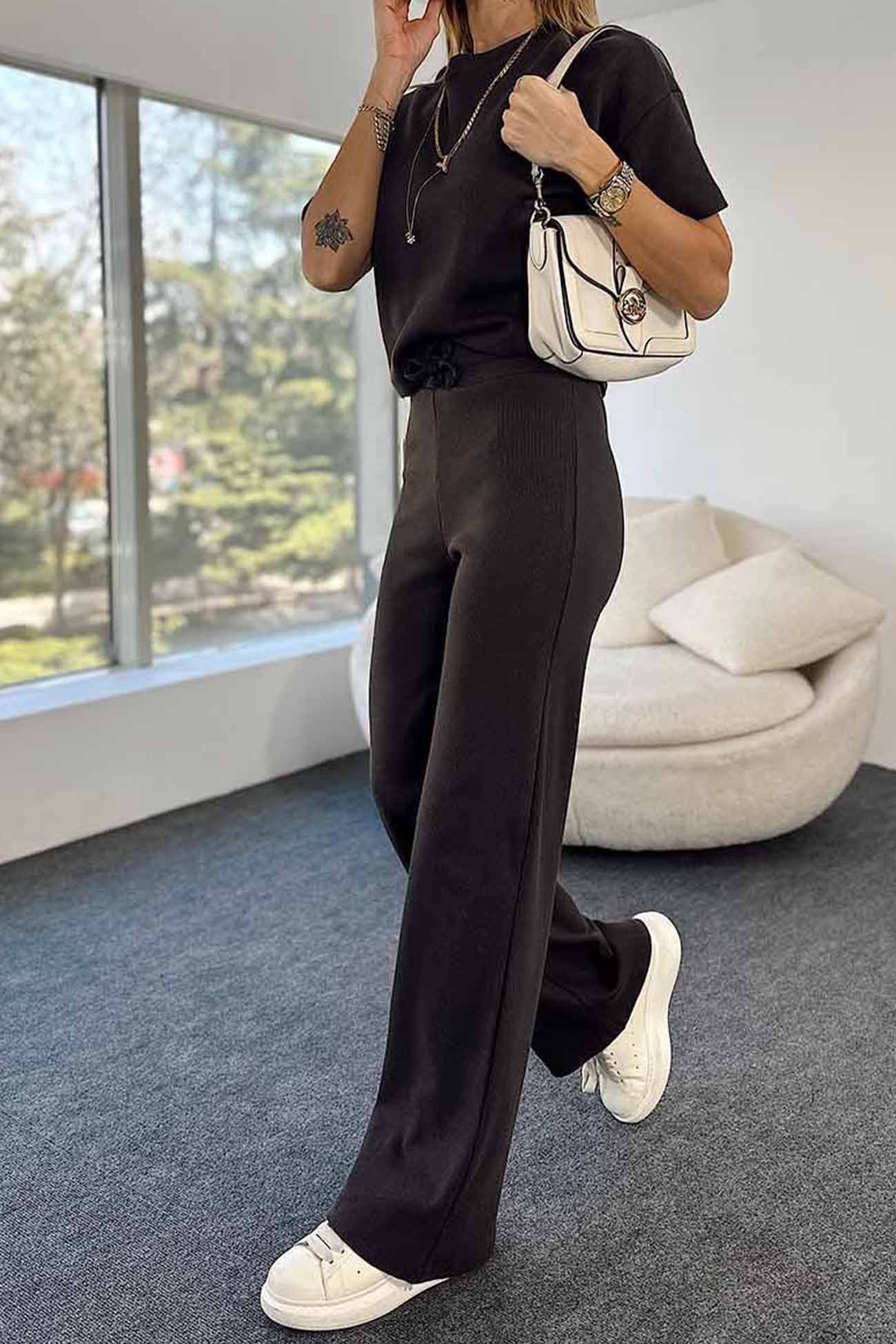 Ribbed Short Sleeve Drawstring Long Pants Set