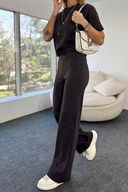 Ribbed Short Sleeve Drawstring Long Pants Set