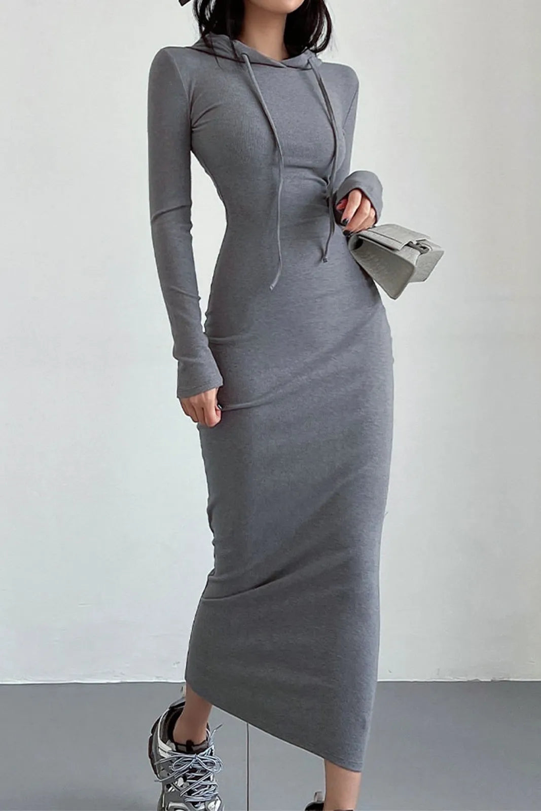 Rika Drop Shoulder Drawstring Hooded Maxi Dress
