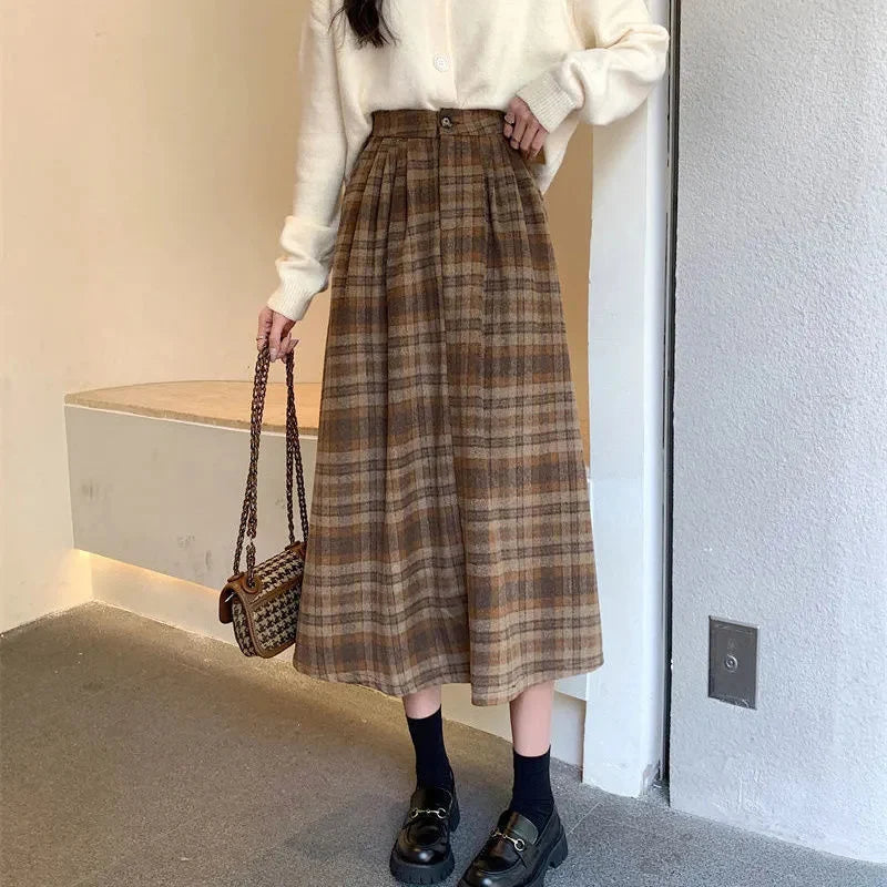 Dressbetty - Woolen Plaid High Waist A-line Midi Skirt