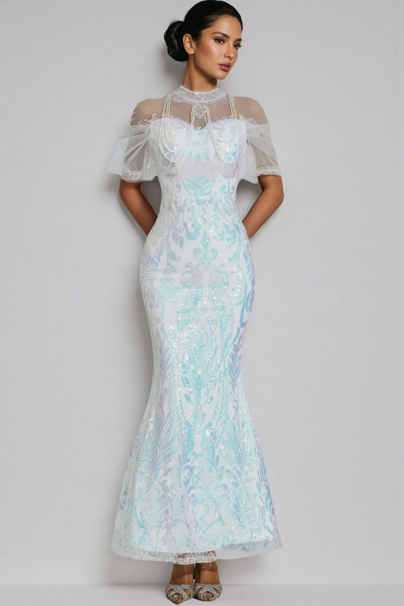 Austinse White Mesh Sequin Maxi Dress