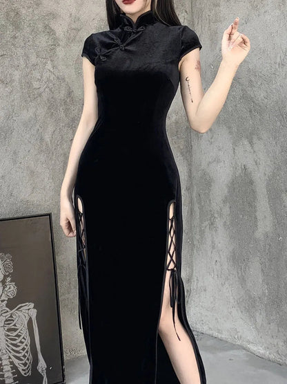 Romantic Gothic Aesthetic Black Evening Cheongsam Midi Dresses