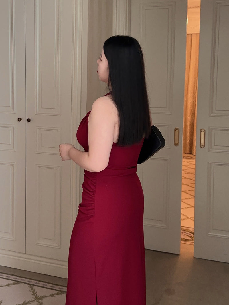 Romantic Halter Ruched Midi Dress · Slimming French Style Plus-size Elegance