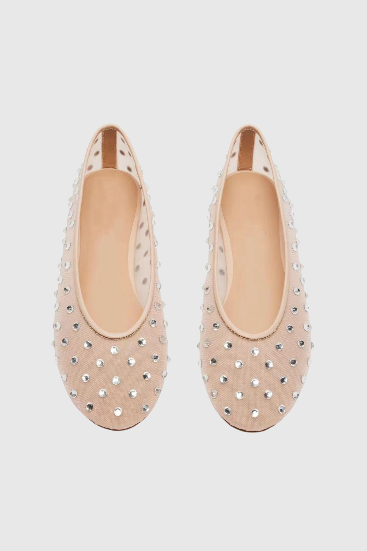 Rosa Rhinestone Embellished Mesh Flats in Apricot