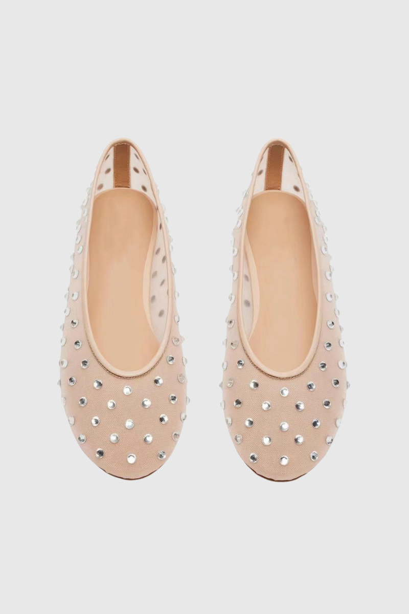 Rosa Rhinestone Embellished Mesh Flats in Apricot