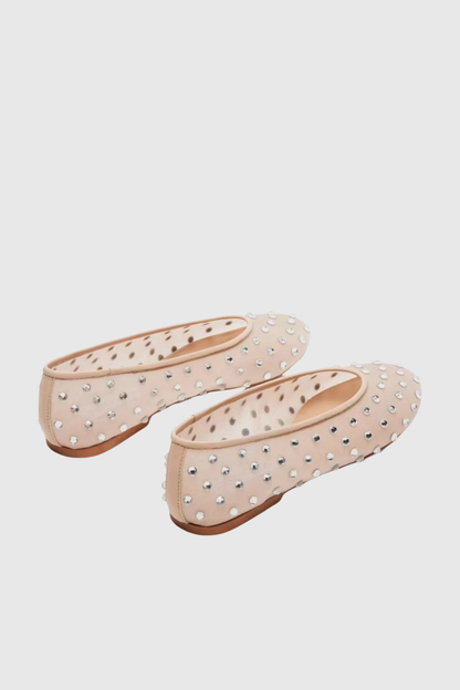 Rosa Rhinestone Embellished Mesh Flats in Apricot