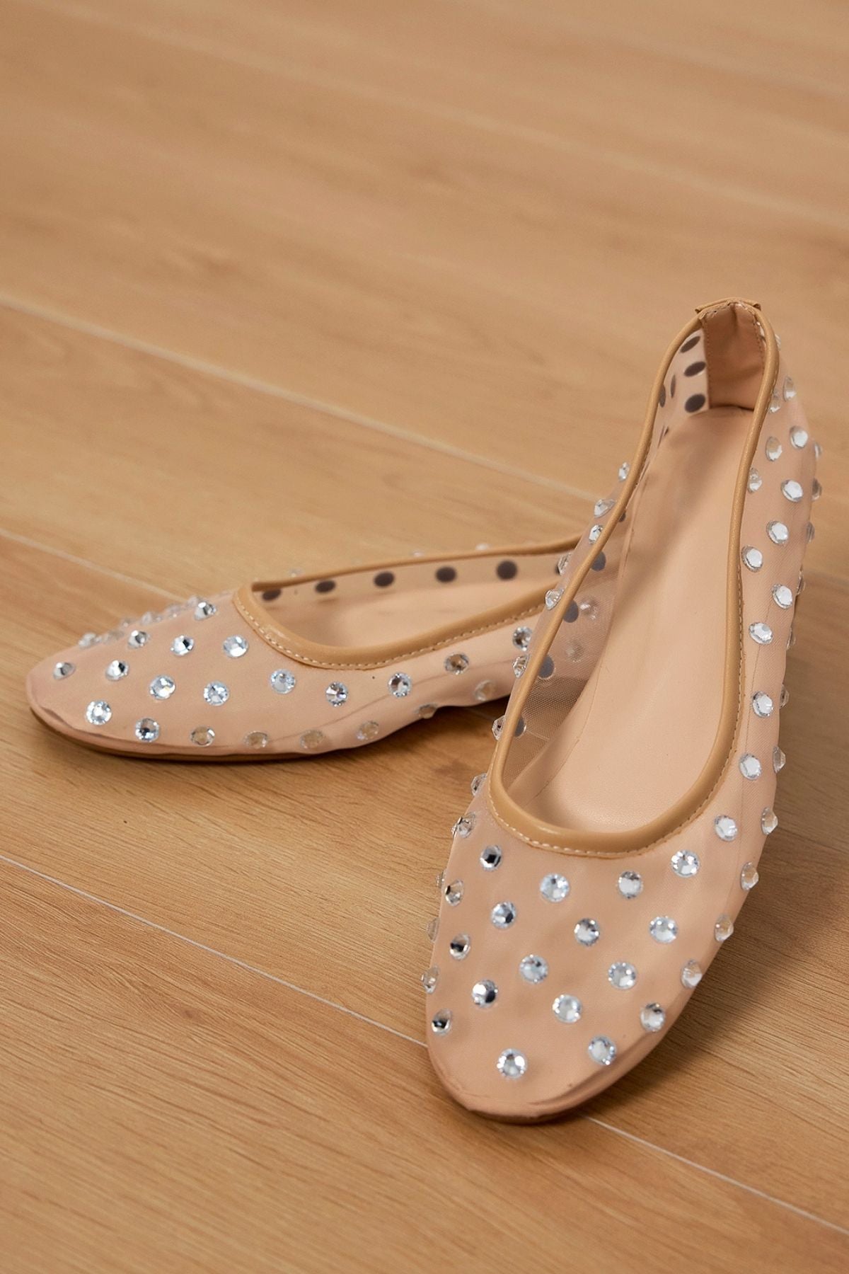 Rosa Rhinestone Embellished Mesh Flats in Apricot