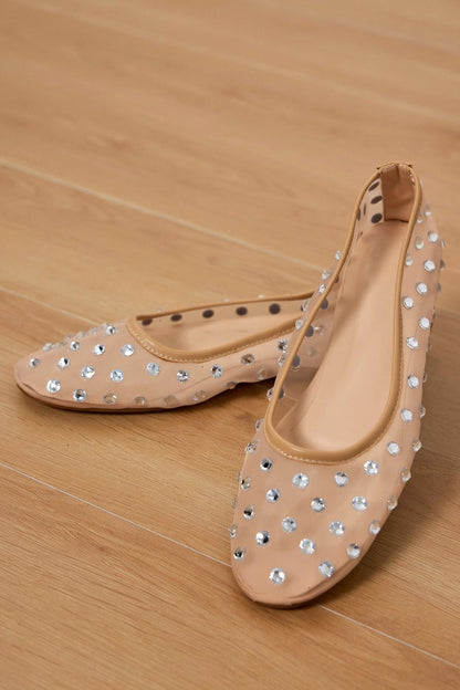 Rosa Rhinestone Embellished Mesh Flats in Apricot