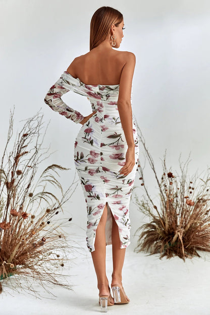 Rosa Pink and White Printed Off-shoulder Midi Dress