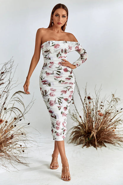 Rosa Pink and White Printed Off-shoulder Midi Dress