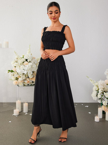 Ruched Backless Crop Top&ruffle Flared Hem Skirt