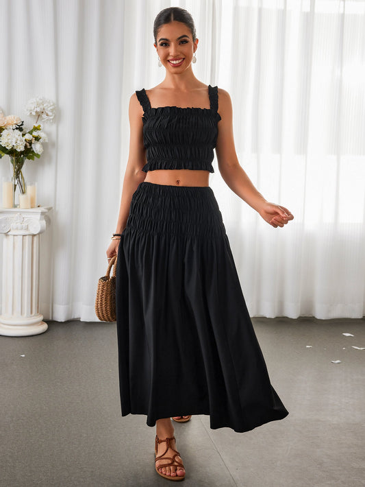 Ruched Backless Crop Top&ruffle Flared Hem Skirt