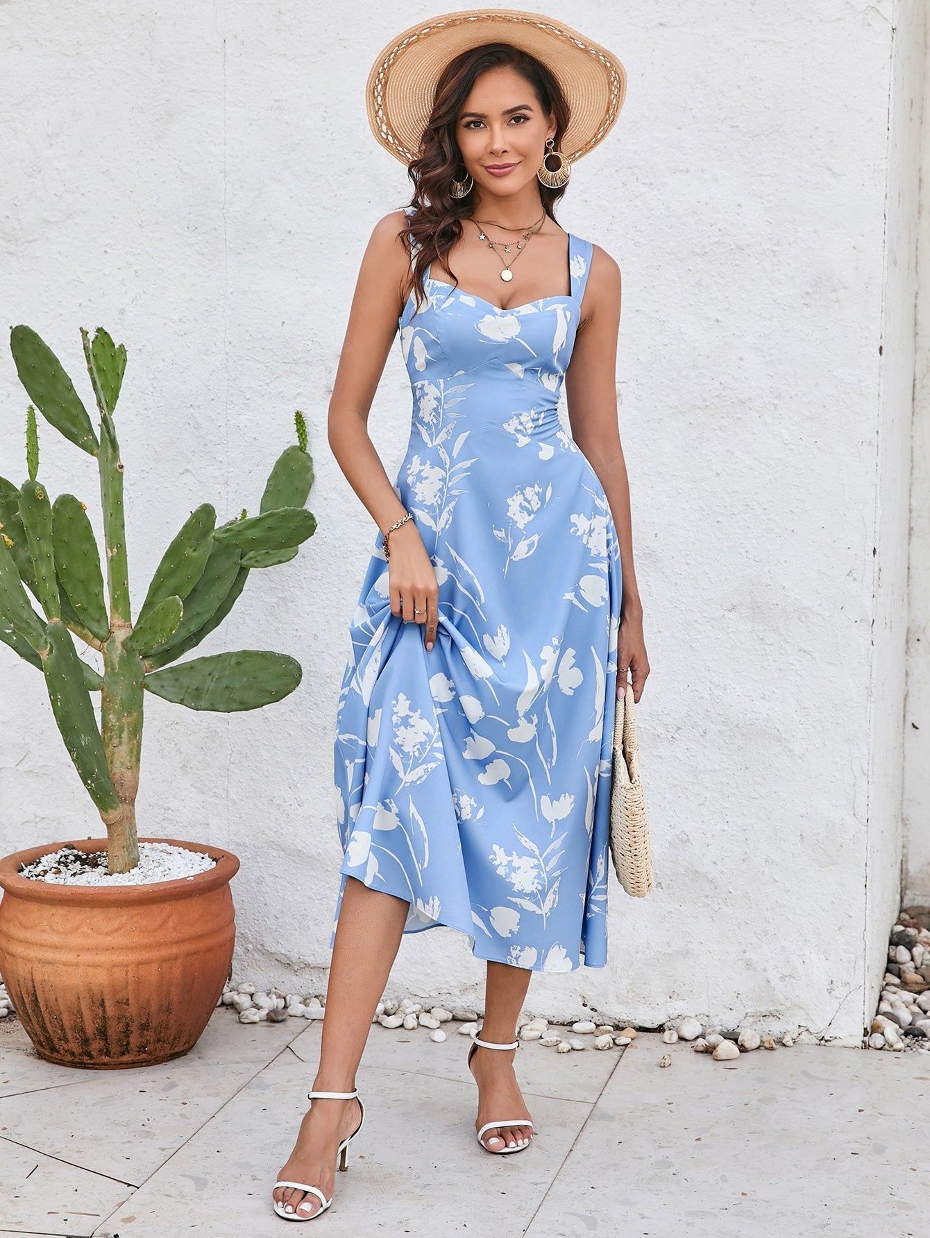 Ruched Backless Print Midi Dress