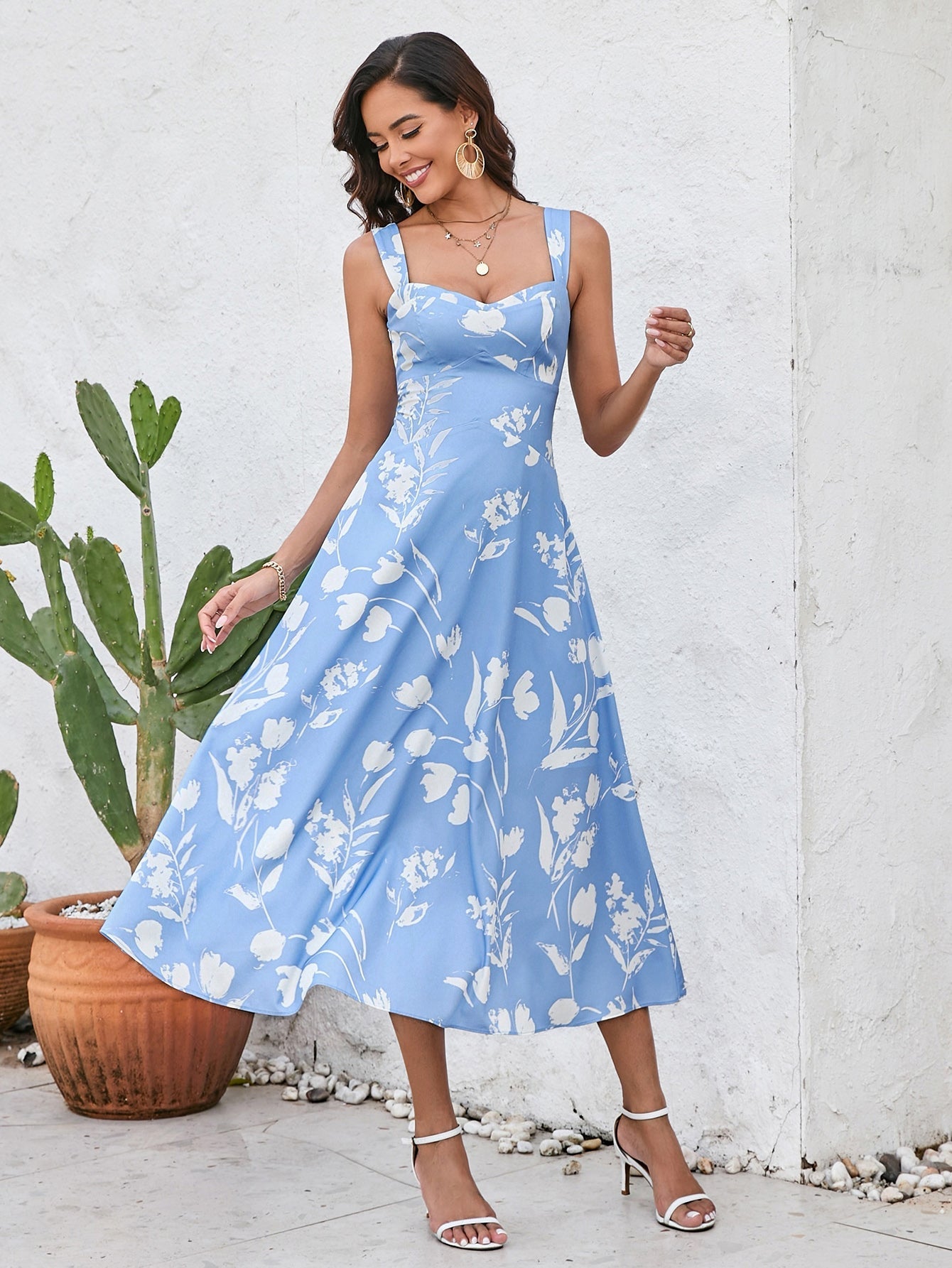 Ruched Backless Print Midi Dress