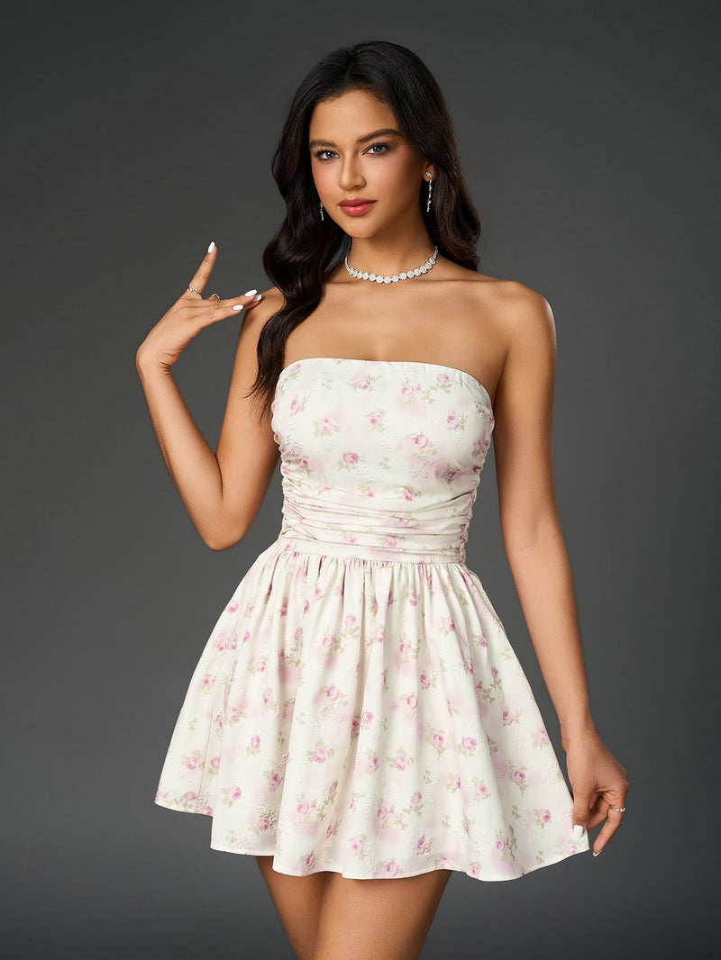 Ruched Bow Tie Back Print Tube Dress