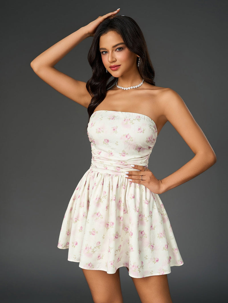 Ruched Bow Tie Back Print Tube Dress