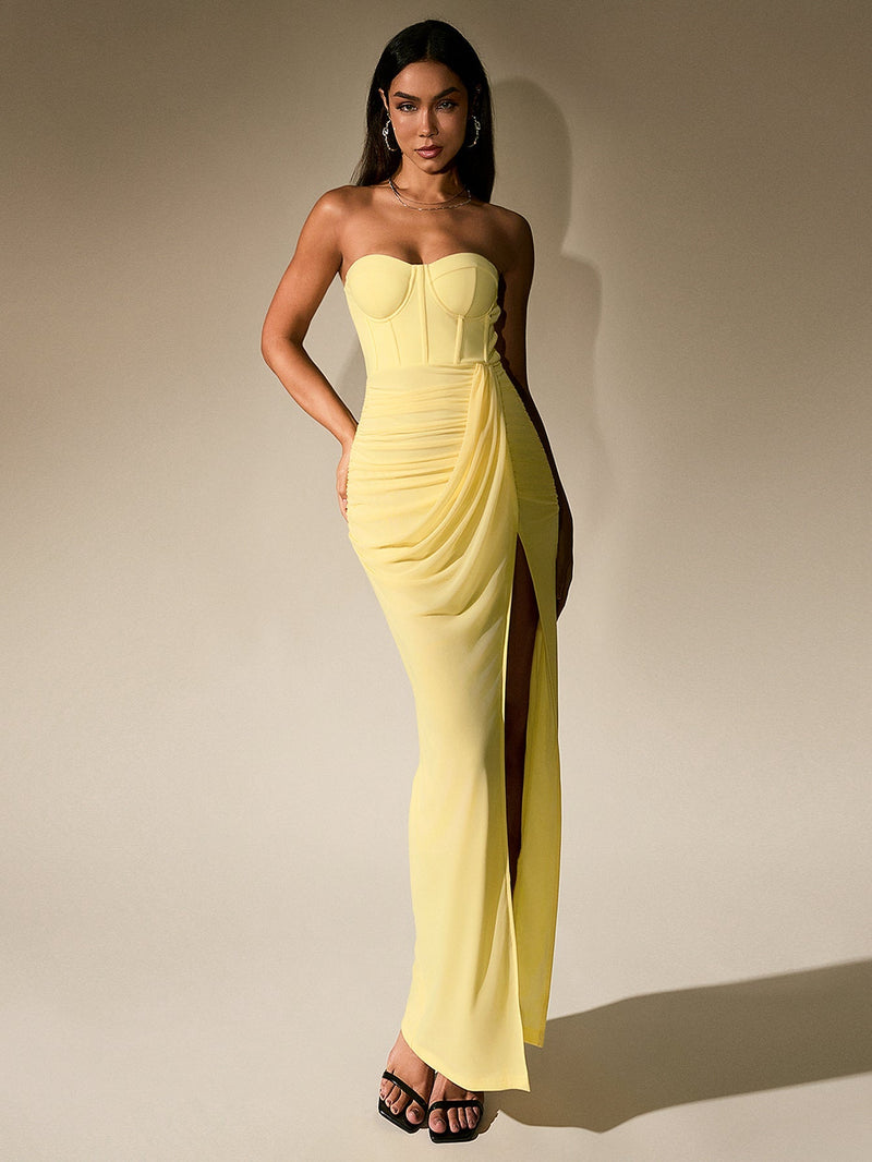 Ruched Corset Split Hem Mesh Tube Dress
