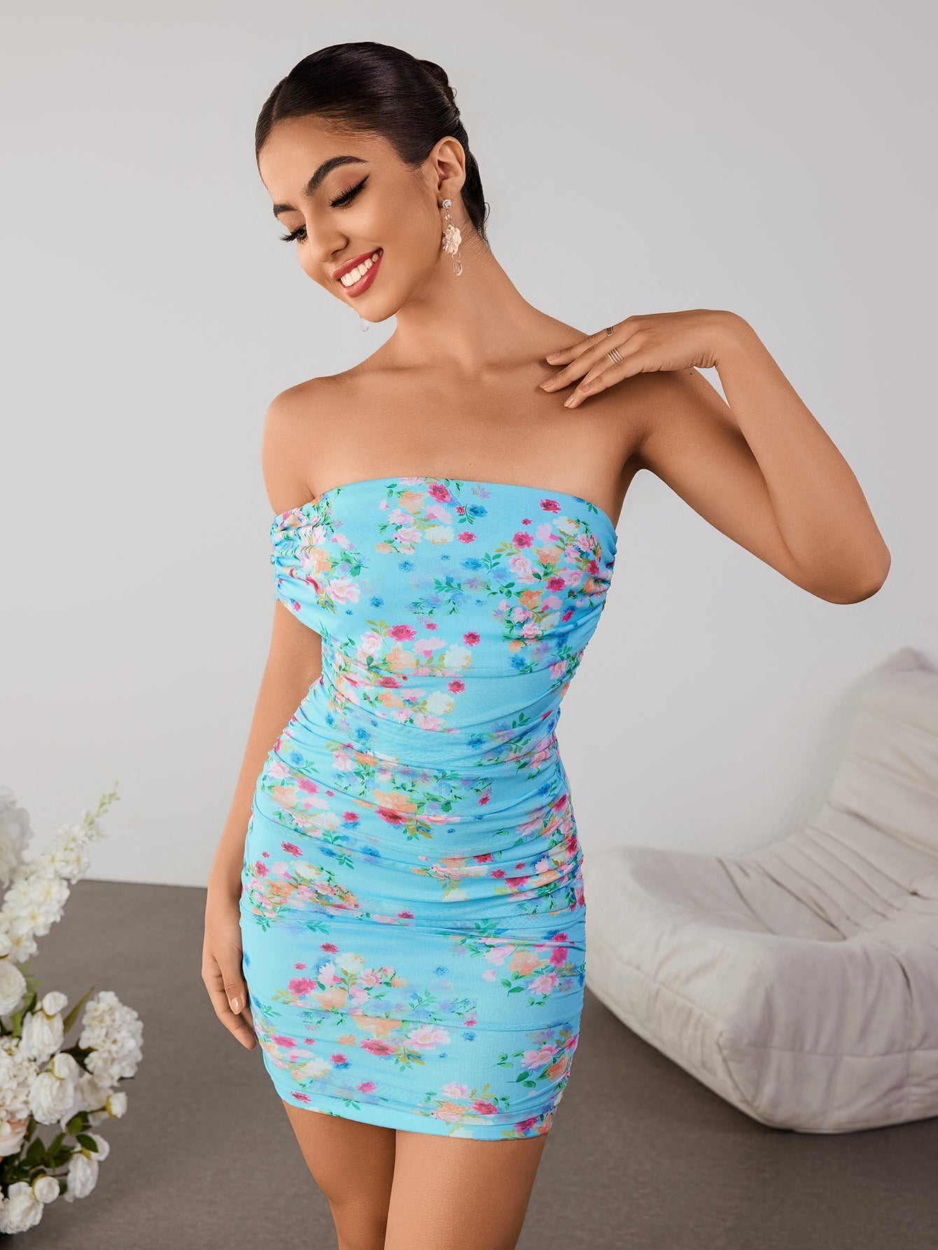 Ruched Off Shoulder Print Mesh Tube Dress