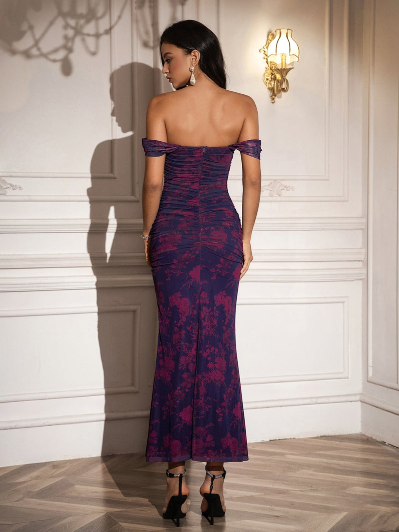 Ruched Off Shoulder Zipper Back Bodycon Dress