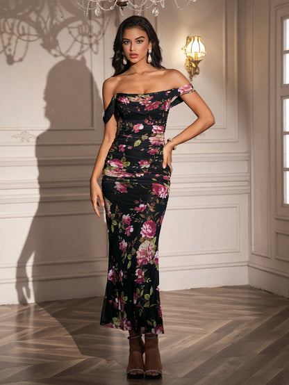 Ruched Off Shoulder Zipper Back Bodycon Dress