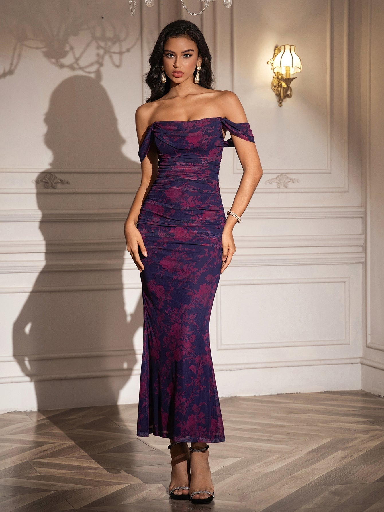 Ruched Off Shoulder Zipper Back Bodycon Dress