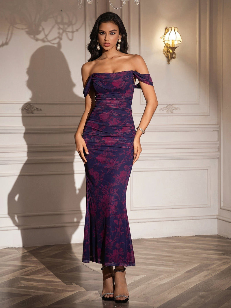 Ruched Off Shoulder Zipper Back Bodycon Dress