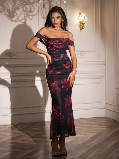 Ruched Off Shoulder Zipper Back Bodycon Dress