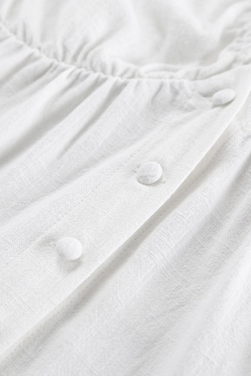 Ruched V Neck Button-down Linen Dress