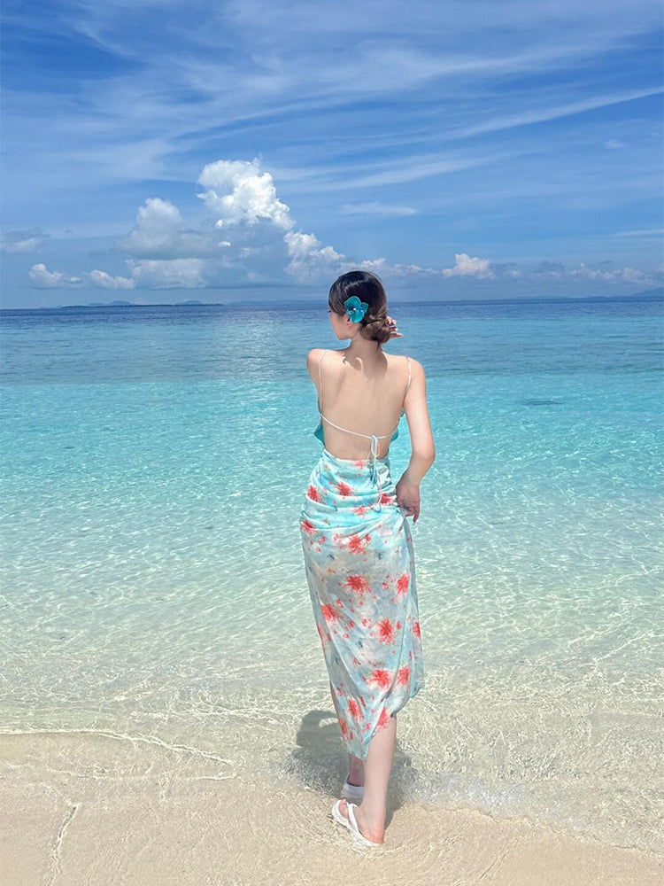 Ruffled Split Maxi Dress _ Feminine Open-back Summer Beach Dress