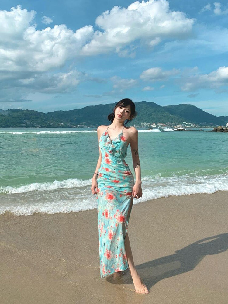 Ruffled Split Maxi Dress _ Feminine Open-back Summer Beach Dress