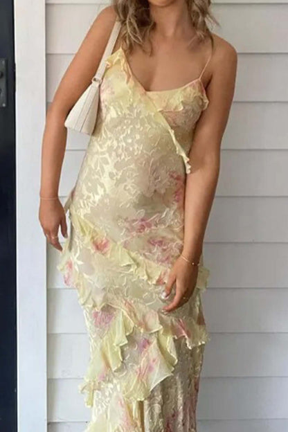 Ruffled Spaghetti Strap Backless Maxi Dress