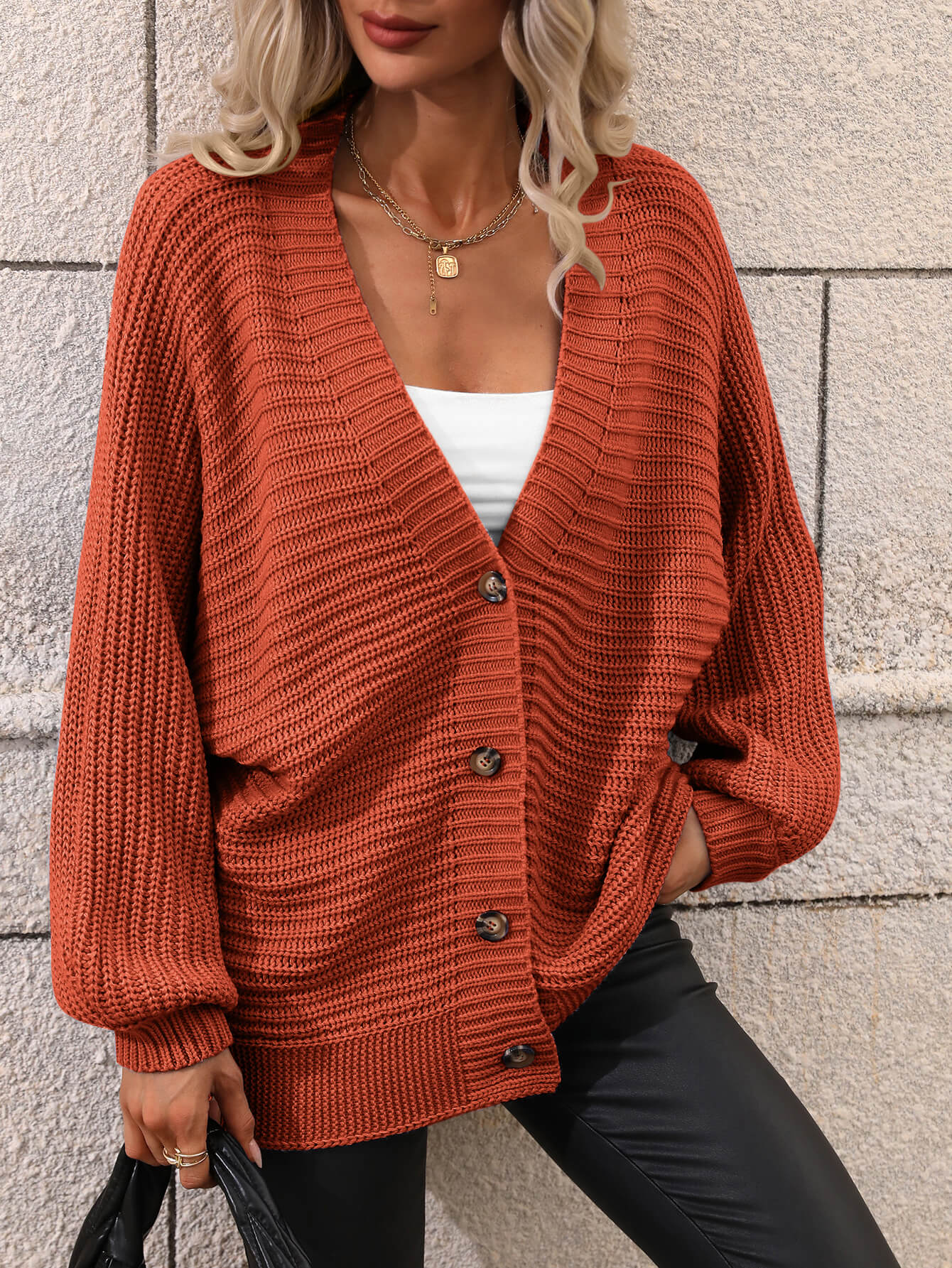 Button Up Oversized Knit Cardigan - Rust