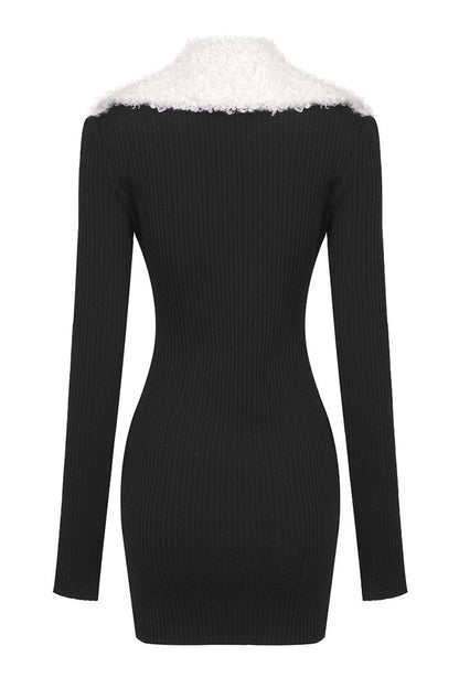 Rylee Fluffy Collared Zip Knit Mini Dress