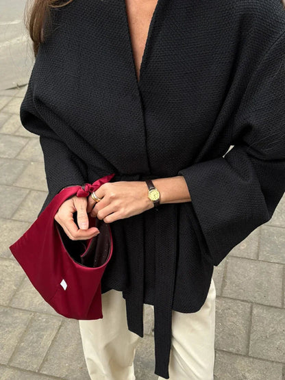 New Black Lace Up Overcoats Autumn Office Jackets Slim Fit Pleated Coat V-neck Commute for Lady Coats