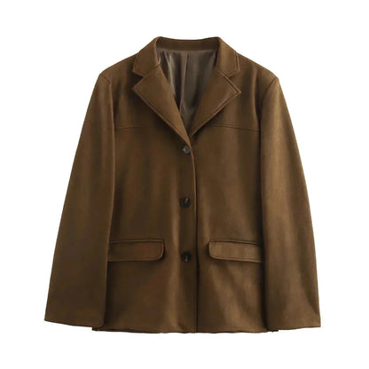 Lapel Pocket Suede Leather Jacket Loose Single Button Oversize Brown Coats Female Street Clothes