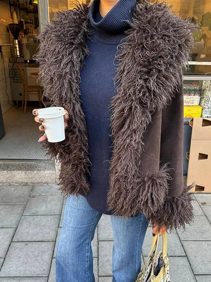 Coffee Fur Patchwork Cardigan Jacket for Long Sleeve Warm Loose Coats Lady High New