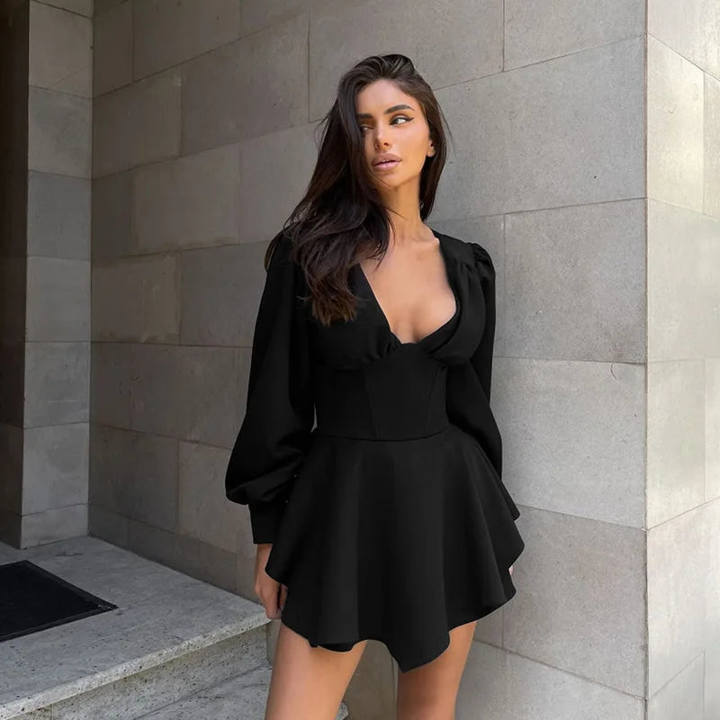 Low Cut Long Sleeve Pleated Mini Dress Wrap Waist Slim Party Vestido Spring Fall Harajuku Y2k Clothes