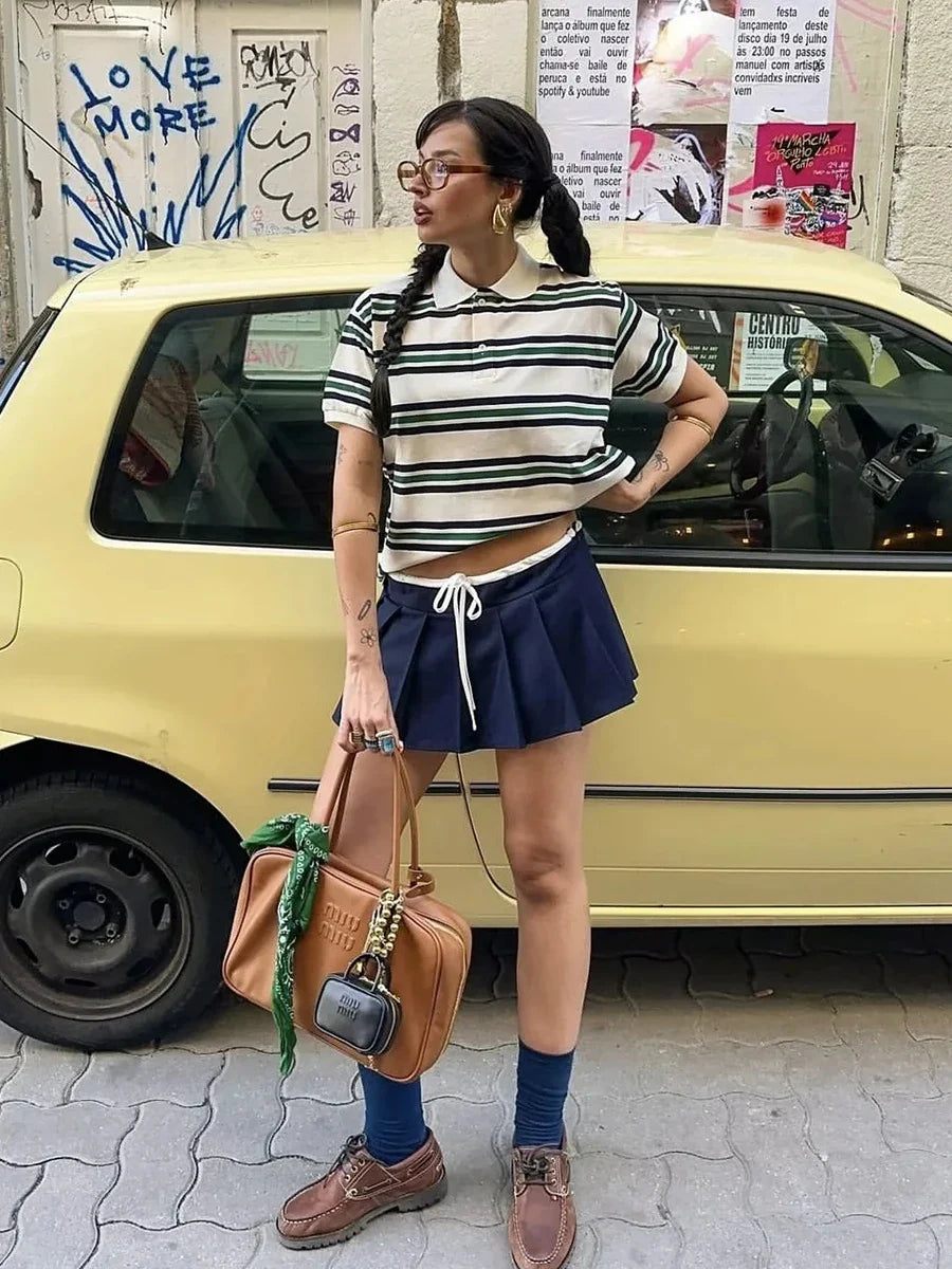 Striped Contrast Short Sleeve T-shirt Buttons Turndown Collar Tee Shirt Spring New Top Tees