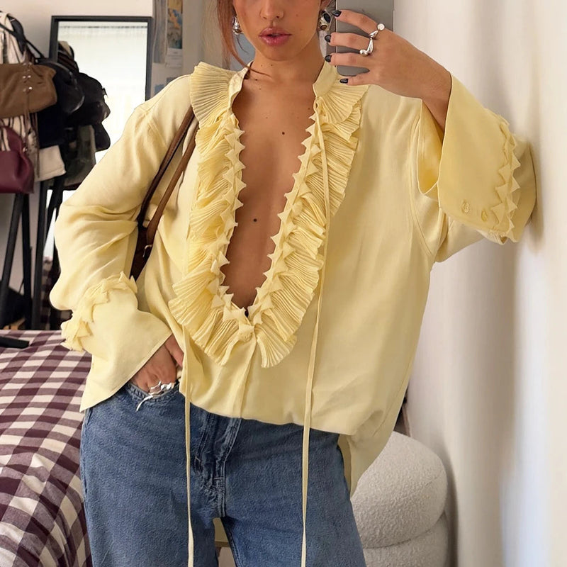 Chiffon Pleated Lace-up Blouse