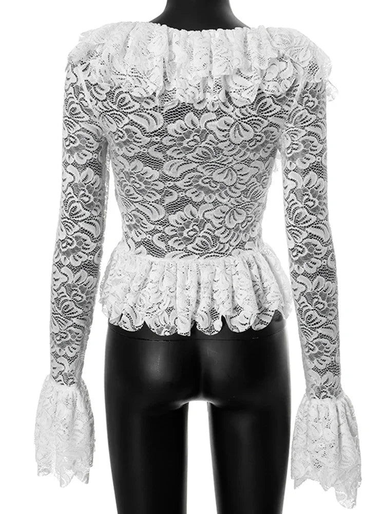 Splice Lace Square Collar See-through Top for Slim Flare Long Sleeve White T-shirt Female Pullover New