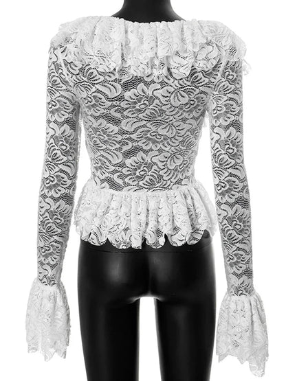 Splice Lace Square Collar See-through Top for Slim Flare Long Sleeve White T-shirt Female Pullover New