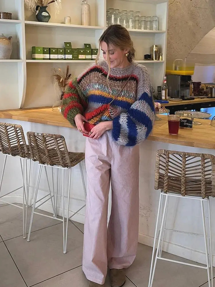 Knitted Colorful Stripes Sweater O Neck Puff Long Sleeves Short Pullover Autumn Lady High Street Jumper