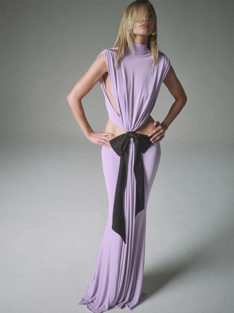 Bows Tassel Pleated Waistless Maxi Dress