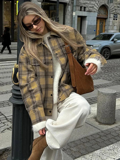 New Plaid Contrast Jacket Autumn Winter Single Breasted Long Sleeve Outerwear Female Coat